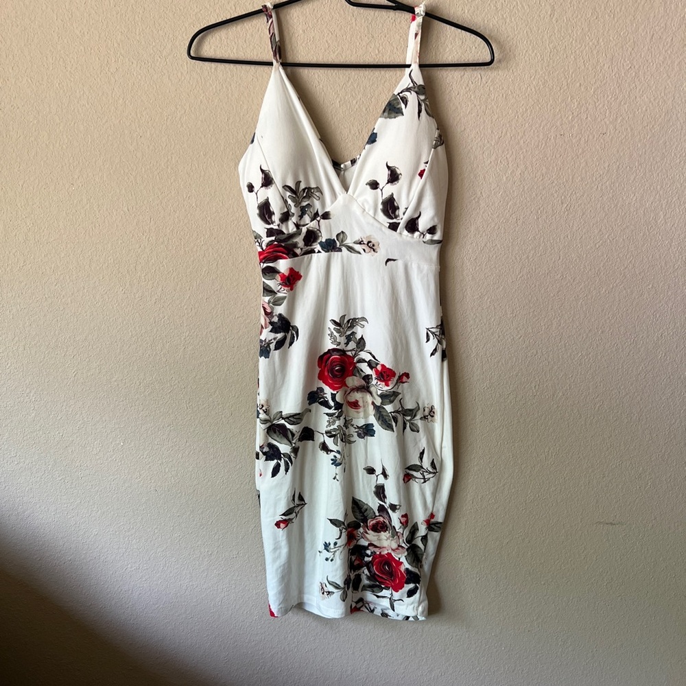 J for Justify White Midi Dress with Red & Black Floral Print